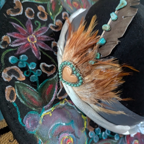 Fedora Womens Floral Black Hat with Feather Accent Beautiful Hand Painted main image 5